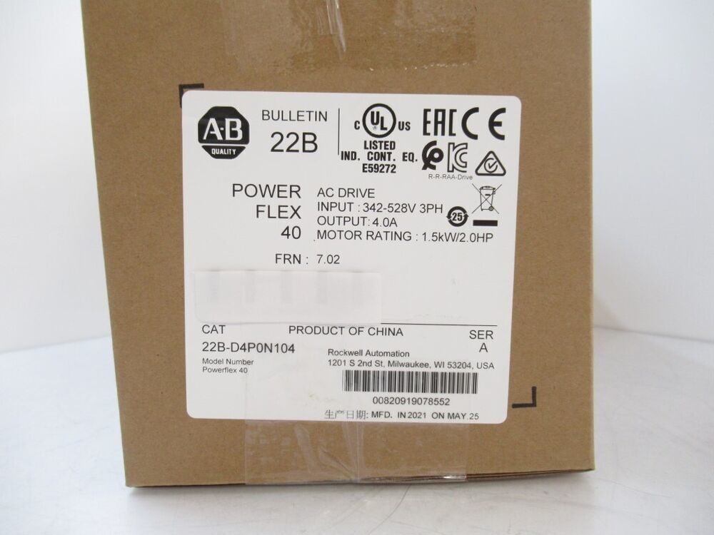 22BD4P0N104, Este variador PowerFlex 40 de Allen-Bradley es un variador de frecuencia de 2 HP. Tiene una tensión nominal de 380-480 V y una potencia nominal de salida de 4,0 A. Este variador de CA PowerFlex 40 viene con un teclado fijo y no está filtrado.